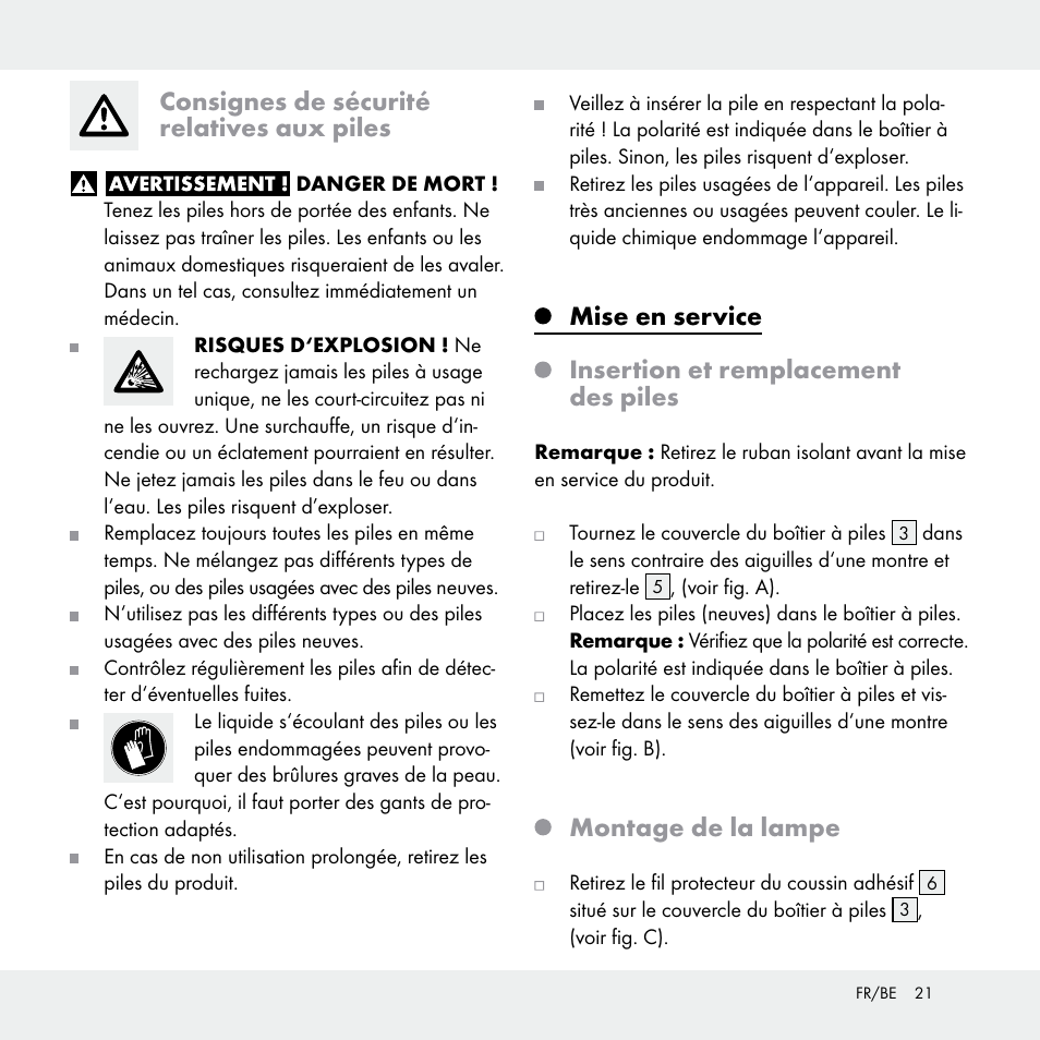 Consignes de sécurité relatives aux piles, Montage de la lampe | Livarno Z31170A /Z31170B User Manual | Page 21 / 32