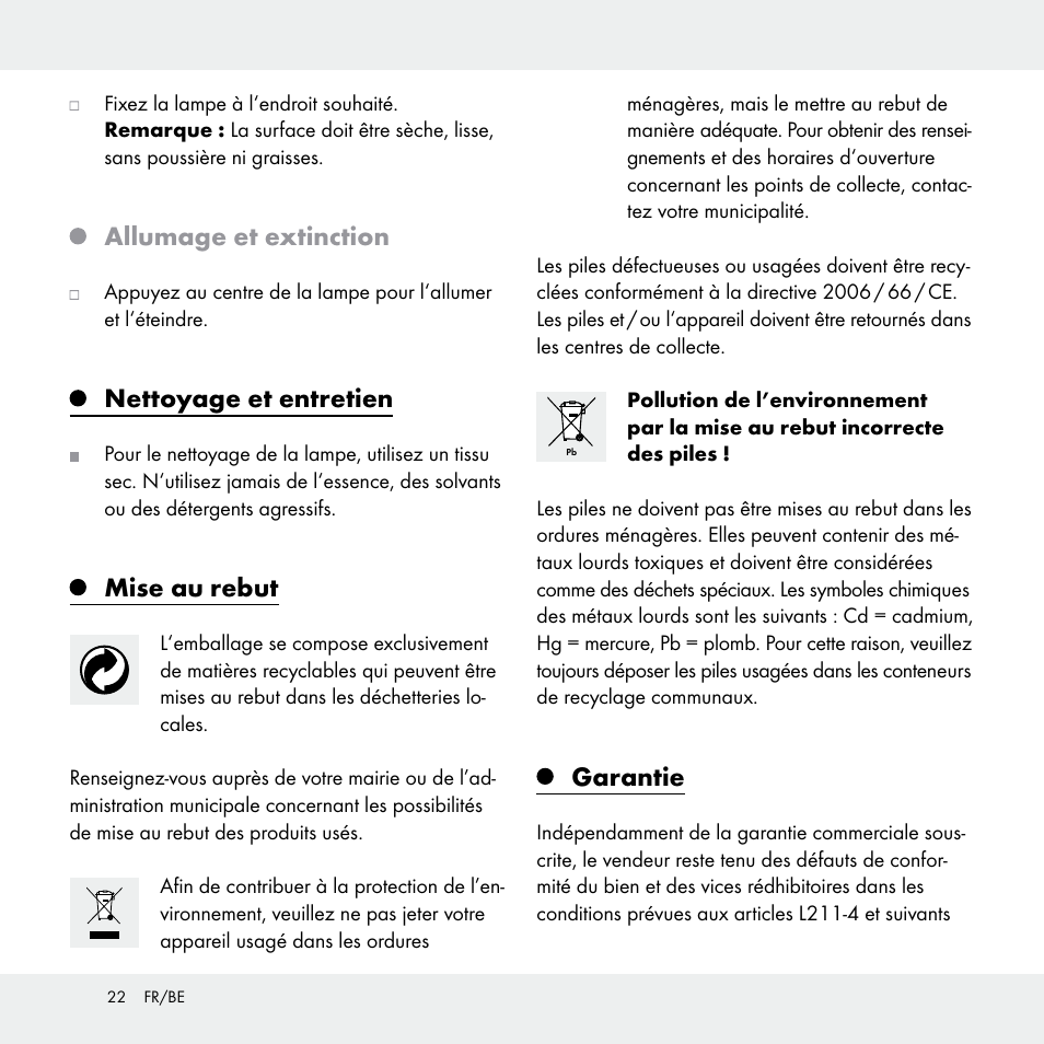 Allumage et extinction, Nettoyage et entretien, Mise au rebut | Garantie | Livarno Z31170A /Z31170B User Manual | Page 22 / 32