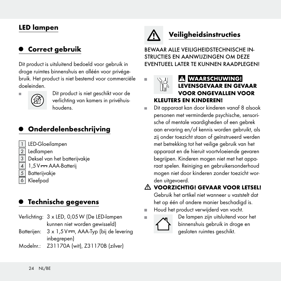 Led lampen correct gebruik, Onderdelenbeschrijving, Technische gegevens | Veiligheidsinstructies | Livarno Z31170A /Z31170B User Manual | Page 24 / 32