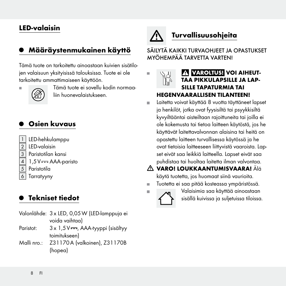 Led-valaisin määräystenmukainen käyttö, Osien kuvaus, Tekniset tiedot | Turvallisuusohjeita | Livarno Z31170A /Z31170B User Manual | Page 8 / 32