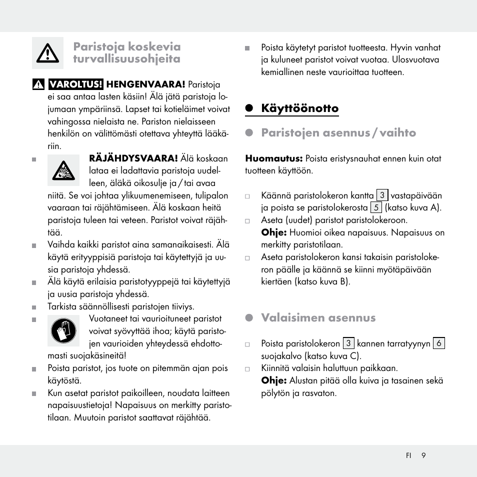 Paristoja koskevia turvallisuusohjeita, Käyttöönotto paristojen asennus / vaihto, Valaisimen asennus | Livarno Z31170A /Z31170B User Manual | Page 9 / 32