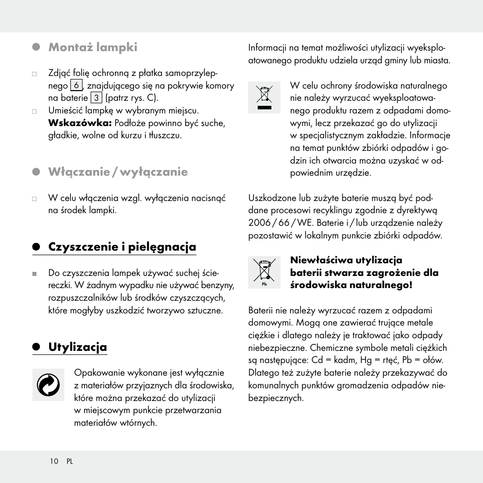 Montaż lampki, Włączanie / wyłączanie, Czyszczenie i pielęgnacja | Utylizacja | Livarno Z31170A /Z31170B User Manual | Page 10 / 32