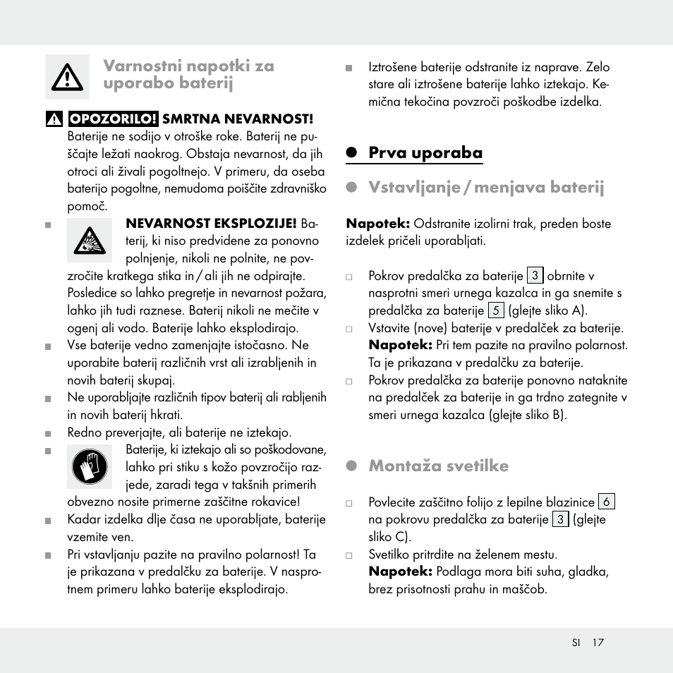 Varnostni napotki za uporabo baterij, Prva uporaba vstavljanje / menjava baterij, Montaža svetilke | Livarno Z31170A /Z31170B User Manual | Page 17 / 32