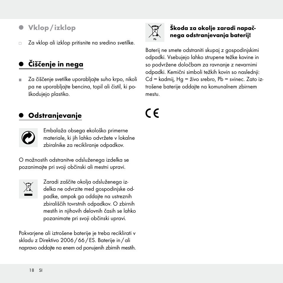 Vklop / izklop, Čiščenje in nega, Odstranjevanje | Livarno Z31170A /Z31170B User Manual | Page 18 / 32