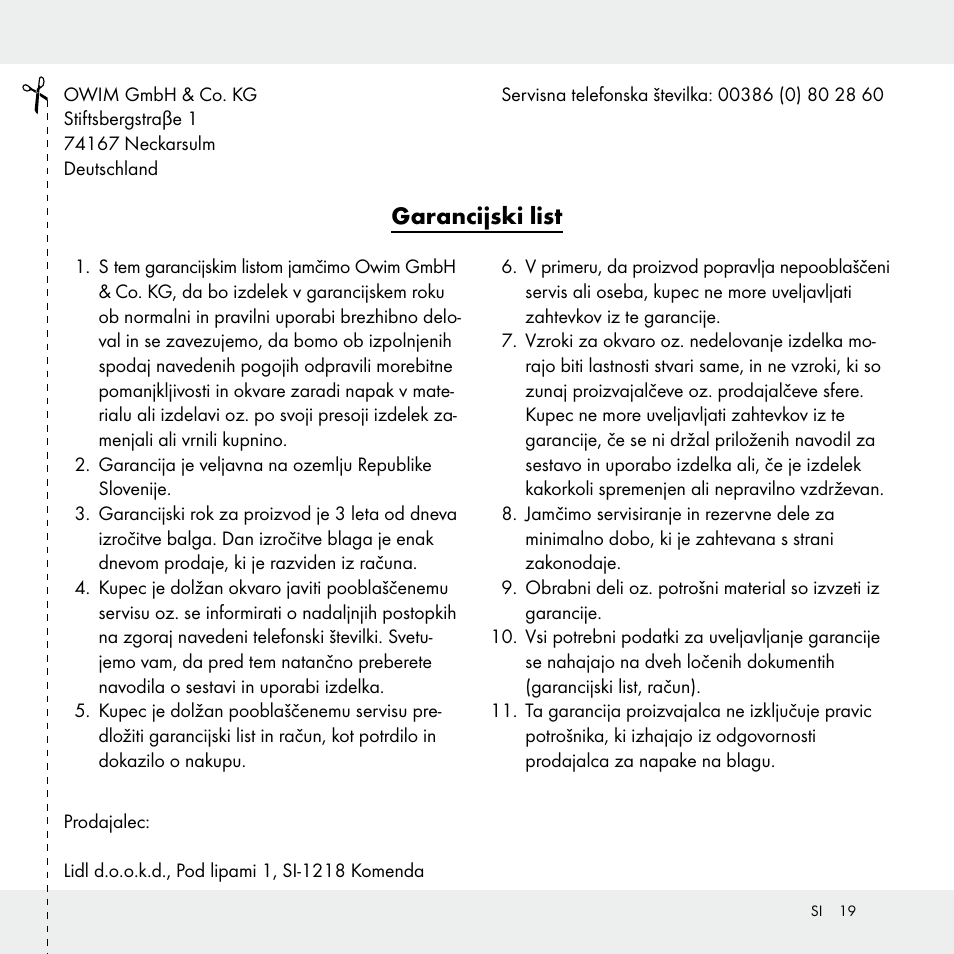 Garancijski list | Livarno Z31170A /Z31170B User Manual | Page 19 / 32