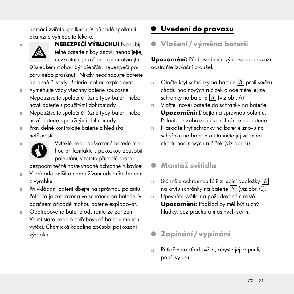 Uvedení do provozu vložení / výměna baterií, Montáž svítidla, Zapínání / vypínání | Livarno Z31170A /Z31170B User Manual | Page 21 / 32