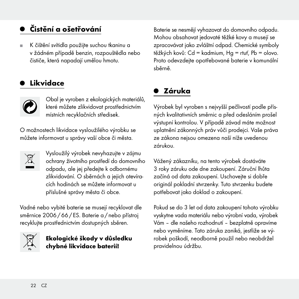 Čistění a ošetřování, Likvidace, Záruka | Livarno Z31170A /Z31170B User Manual | Page 22 / 32