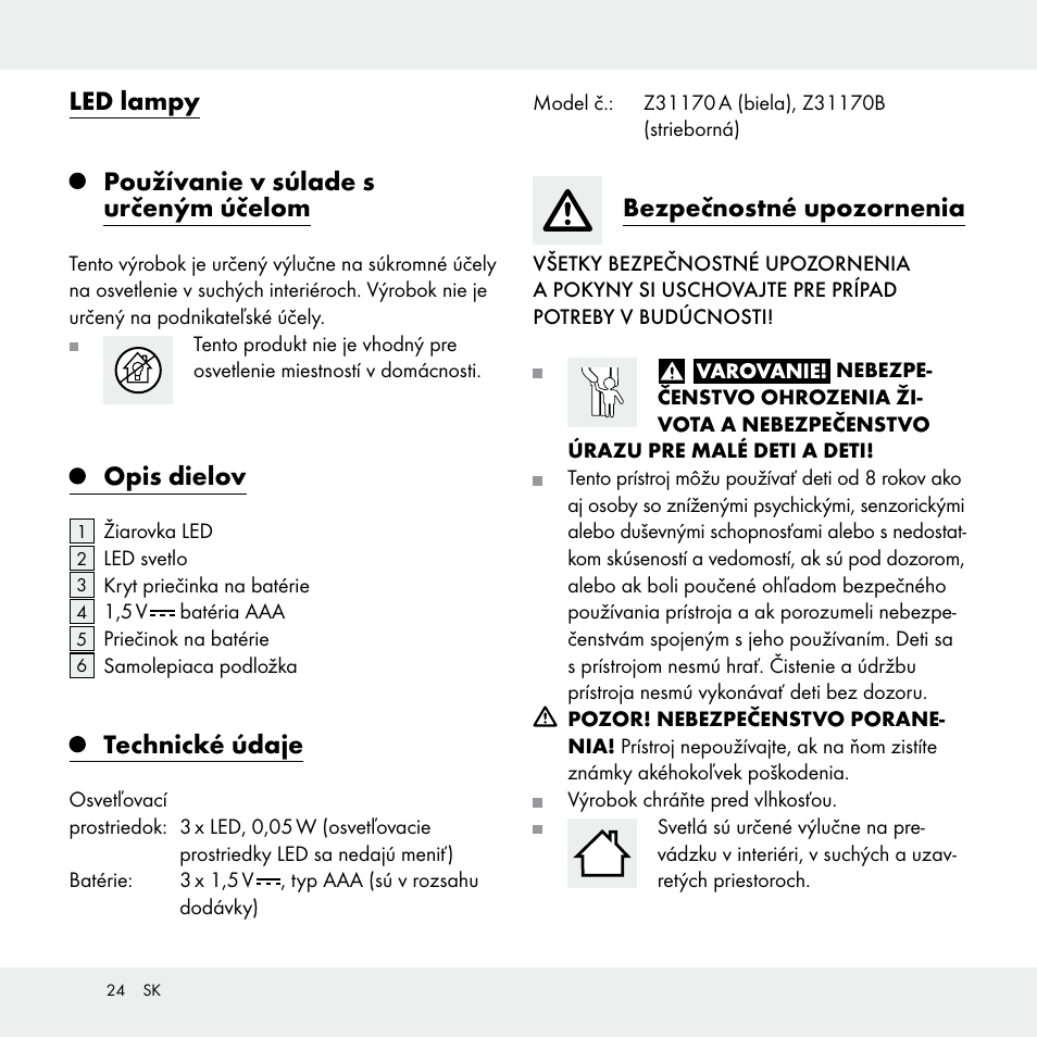 Led lampy používanie v súlade s určeným účelom, Opis dielov, Technické údaje | Bezpečnostné upozornenia | Livarno Z31170A /Z31170B User Manual | Page 24 / 32