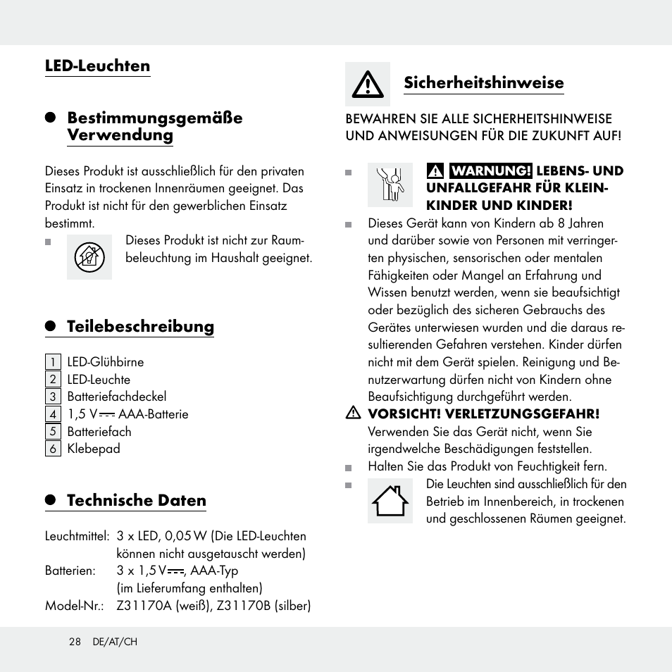 Led-leuchten, Bestimmungsgemäße verwendung, Teilebeschreibung | Technische daten, Sicherheitshinweise | Livarno Z31170A /Z31170B User Manual | Page 28 / 32