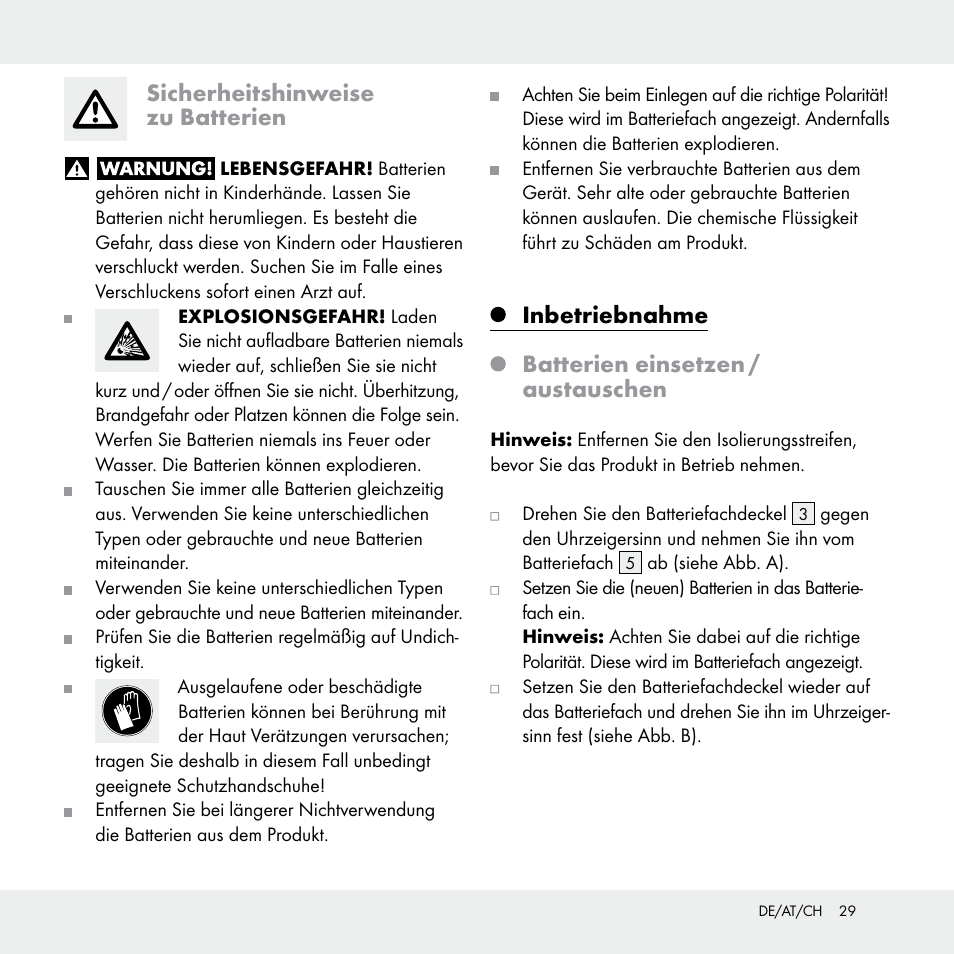 Sicherheitshinweise zu batterien, Inbetriebnahme, Batterien einsetzen / austauschen | Livarno Z31170A /Z31170B User Manual | Page 29 / 32