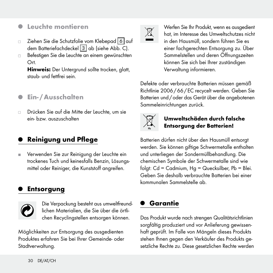 Leuchte montieren, Ein- / ausschalten, Reinigung und pflege | Entsorgung, Garantie | Livarno Z31170A /Z31170B User Manual | Page 30 / 32