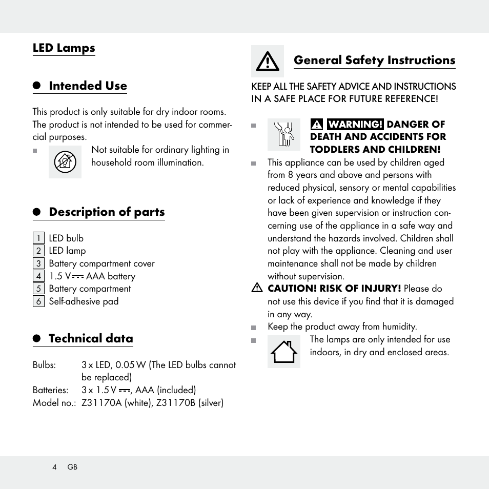 Led lamps, Intended use, Description of parts | Technical data, General safety instructions | Livarno Z31170A /Z31170B User Manual | Page 4 / 32