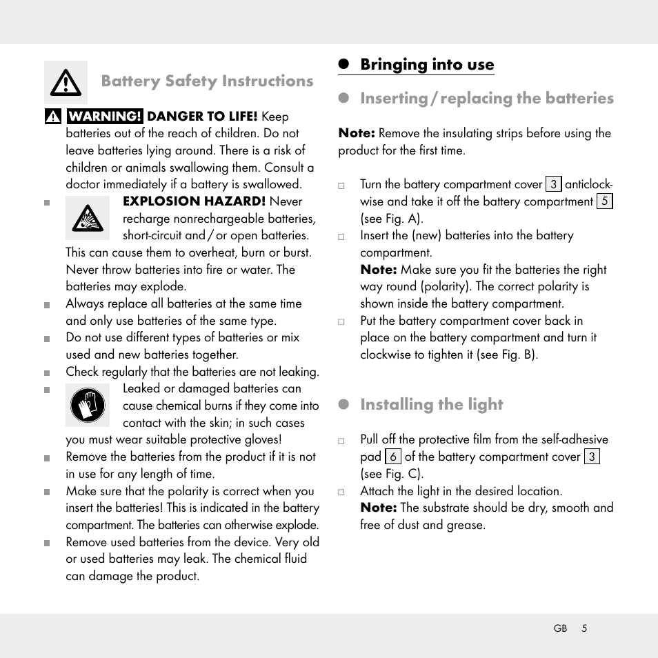 Battery safety instructions, Bringing into use, Inserting / replacing the batteries | Installing the light | Livarno Z31170A /Z31170B User Manual | Page 5 / 32