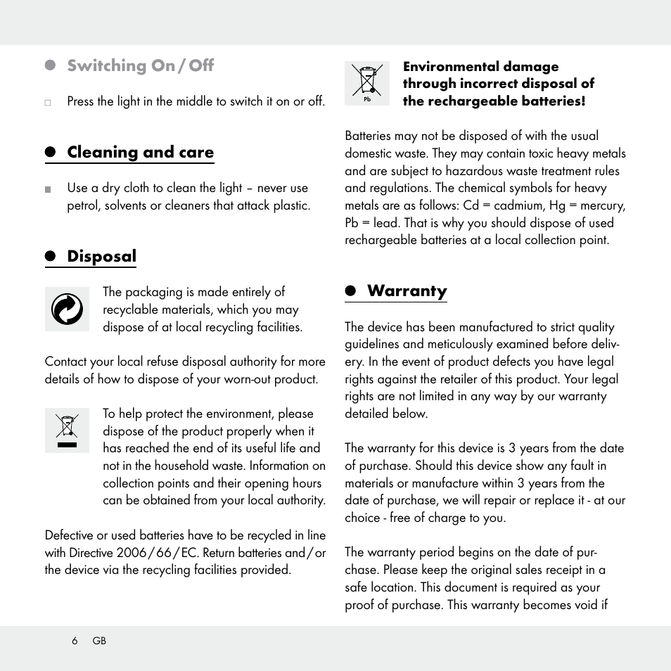 Switching on / off, Cleaning and care, Disposal | Warranty | Livarno Z31170A /Z31170B User Manual | Page 6 / 32