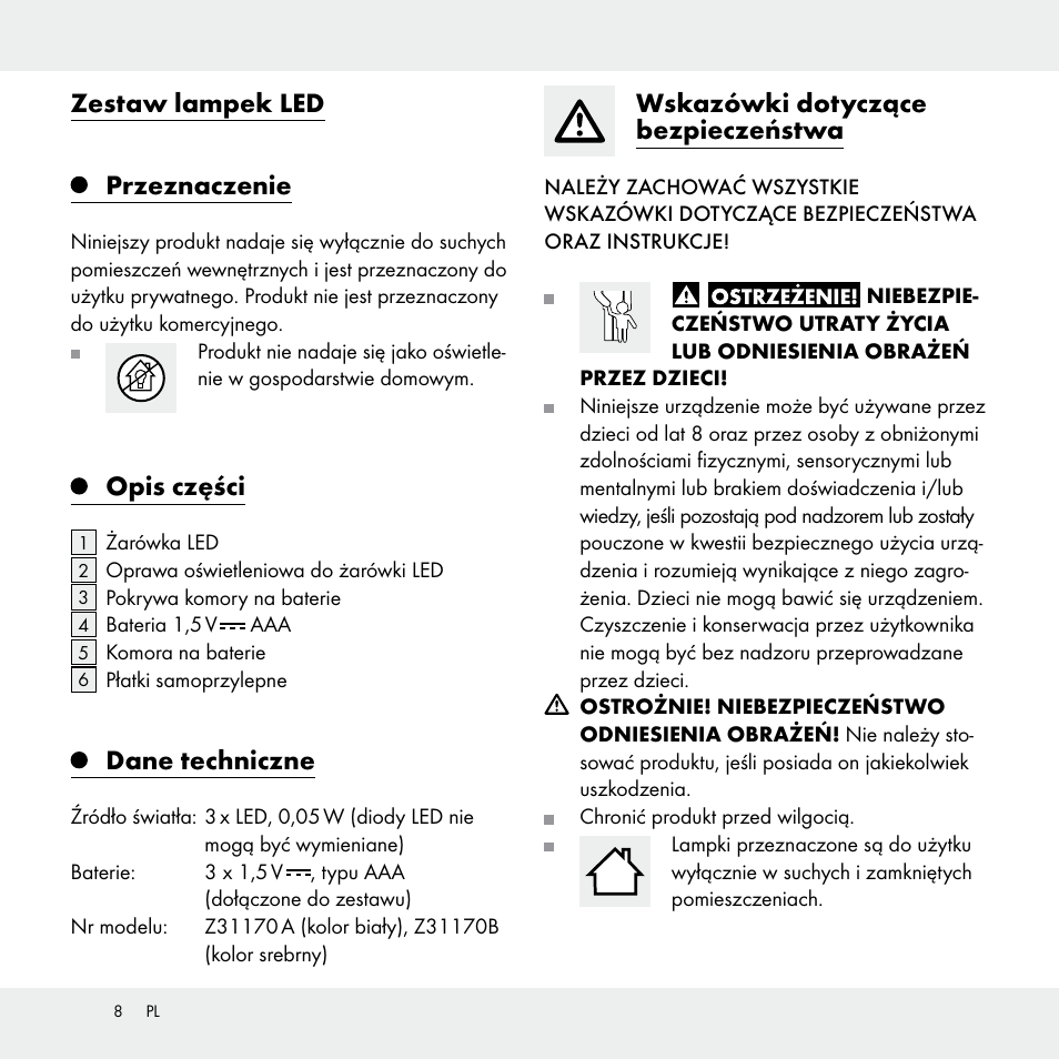 Zestaw lampek led przeznaczenie, Opis części, Dane techniczne | Wskazówki dotyczące bezpieczeństwa | Livarno Z31170A /Z31170B User Manual | Page 8 / 32