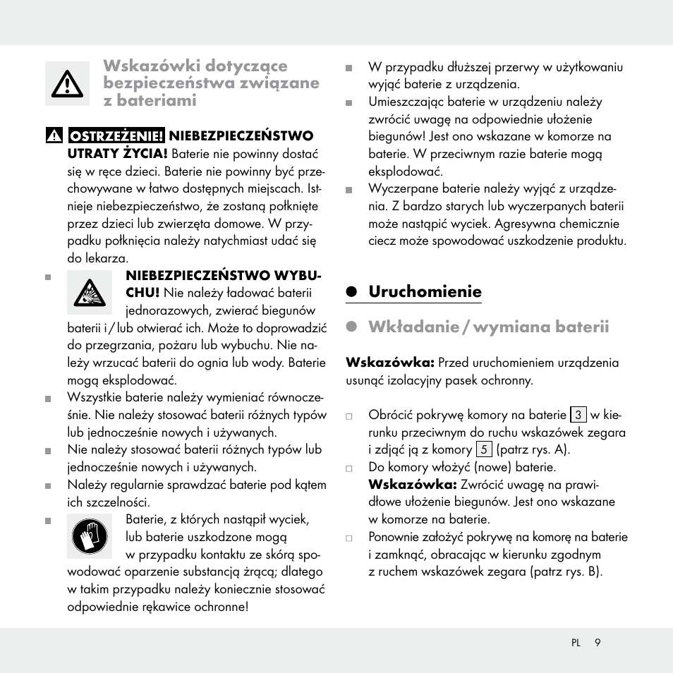 Uruchomienie wkładanie / wymiana baterii | Livarno Z31170A /Z31170B User Manual | Page 9 / 32