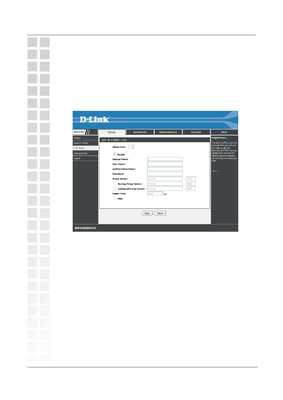 Voip setup, Sip account list | D-Link DVG-2101S User Manual | Page 20 / 58
