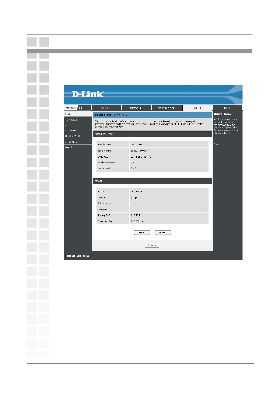 Status, Device information | D-Link DVG-2101S User Manual | Page 46 / 58