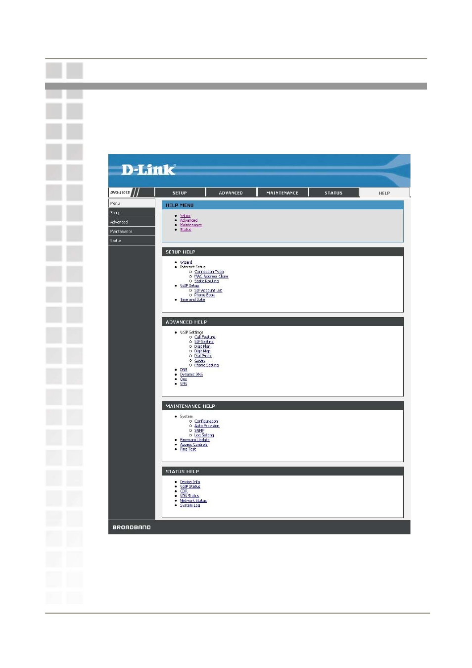 Help, Help menu | D-Link DVG-2101S User Manual | Page 52 / 58