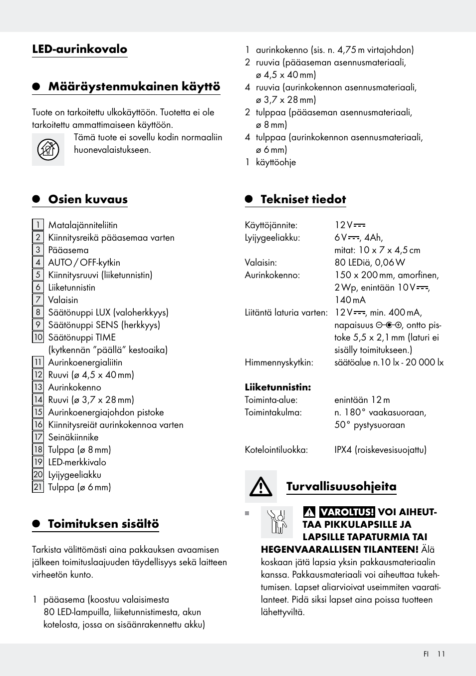 Led-aurinkovalo määräystenmukainen käyttö, Osien kuvaus, Toimituksen sisältö | Tekniset tiedot, Turvallisuusohjeita | Livarno Z31171 User Manual | Page 11 / 55