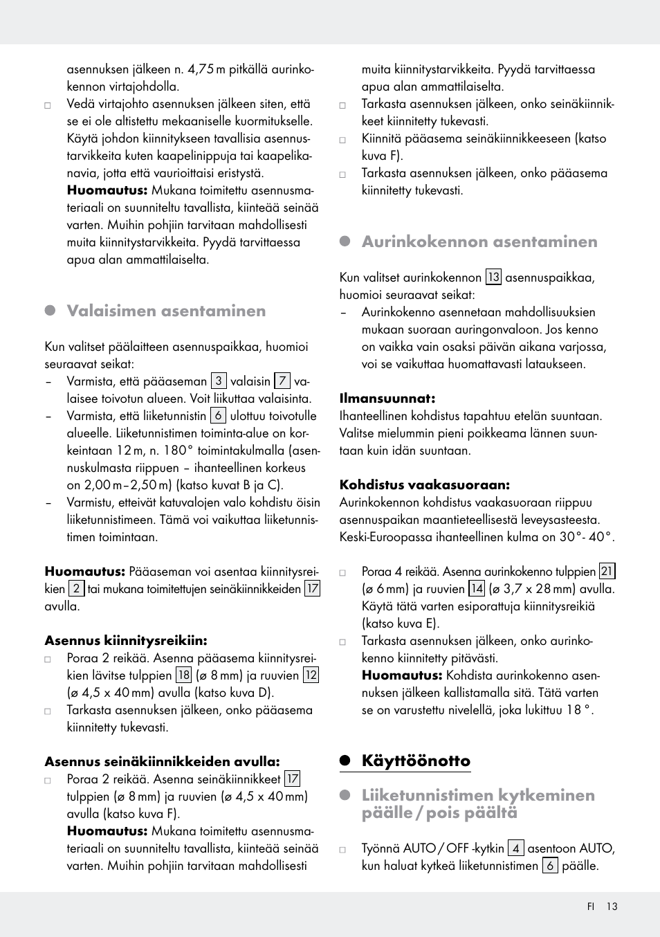 Valaisimen asentaminen, Aurinkokennon asentaminen | Livarno Z31171 User Manual | Page 13 / 55