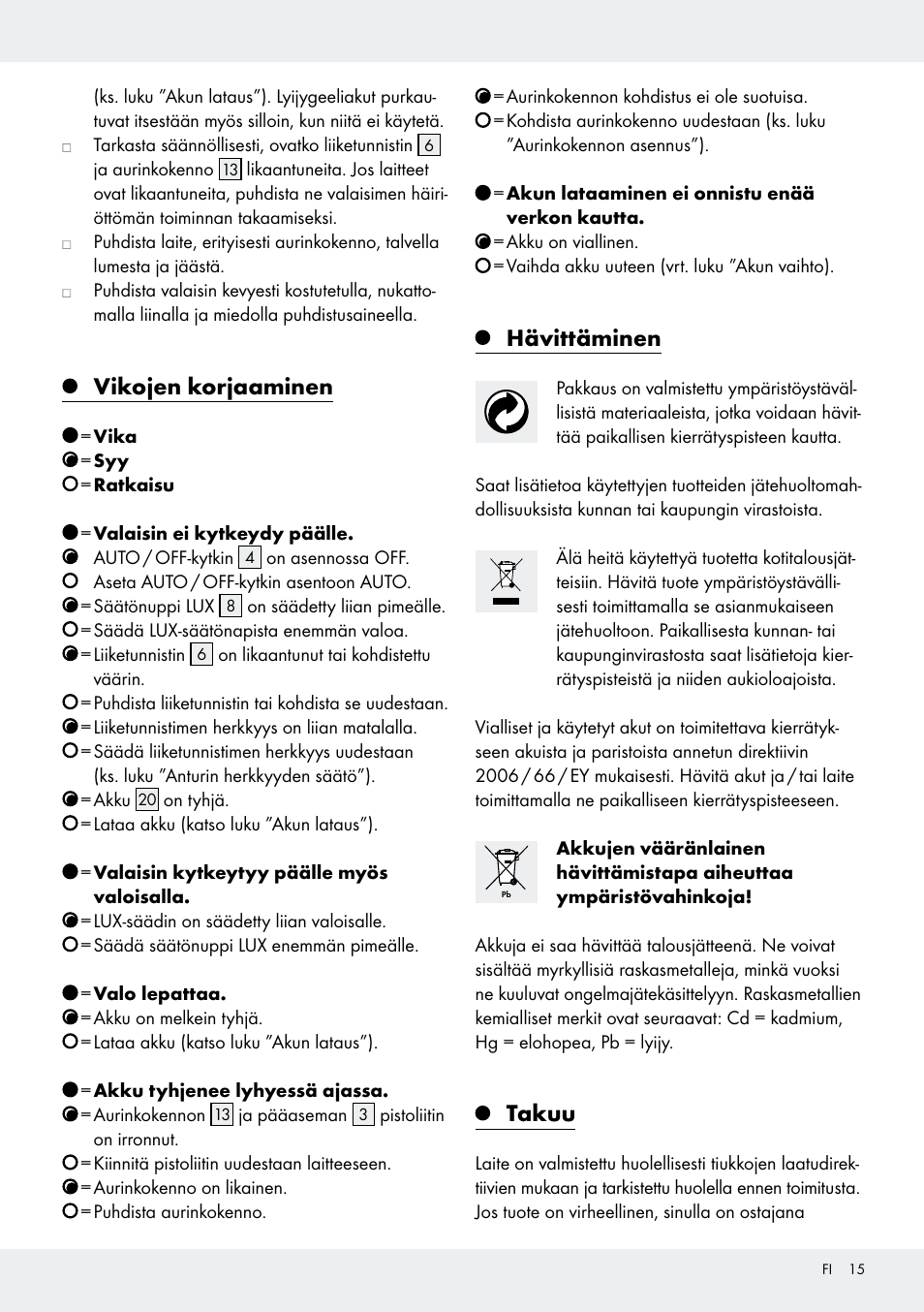 Vikojen korjaaminen, Hävittäminen, Takuu | Livarno Z31171 User Manual | Page 15 / 55