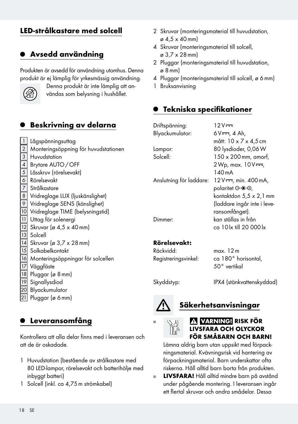 Led-strålkastare med solcell avsedd användning, Beskrivning av delarna, Leveransomfång | Tekniska specifikationer, Säkerhetsanvisningar | Livarno Z31171 User Manual | Page 18 / 55