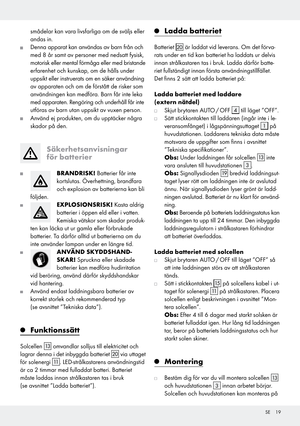 Säkerhetsanvisningar för batterier, Funktionssätt, Ladda batteriet | Montering | Livarno Z31171 User Manual | Page 19 / 55