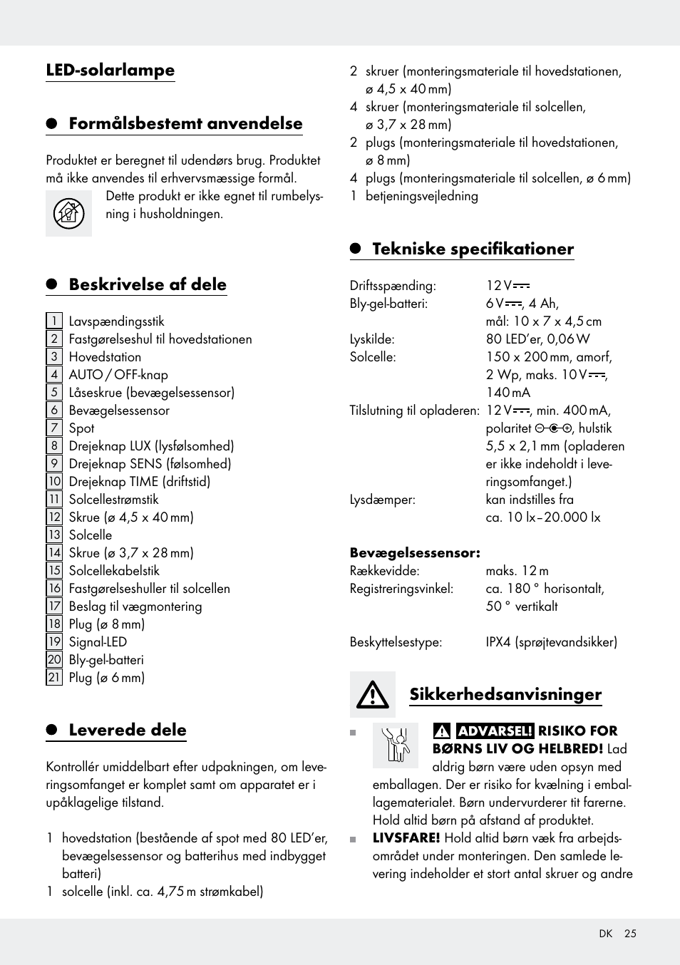 Led-solarlampe formålsbestemt anvendelse, Beskrivelse af dele, Leverede dele | Tekniske specifikationer, Sikkerhedsanvisninger | Livarno Z31171 User Manual | Page 25 / 55