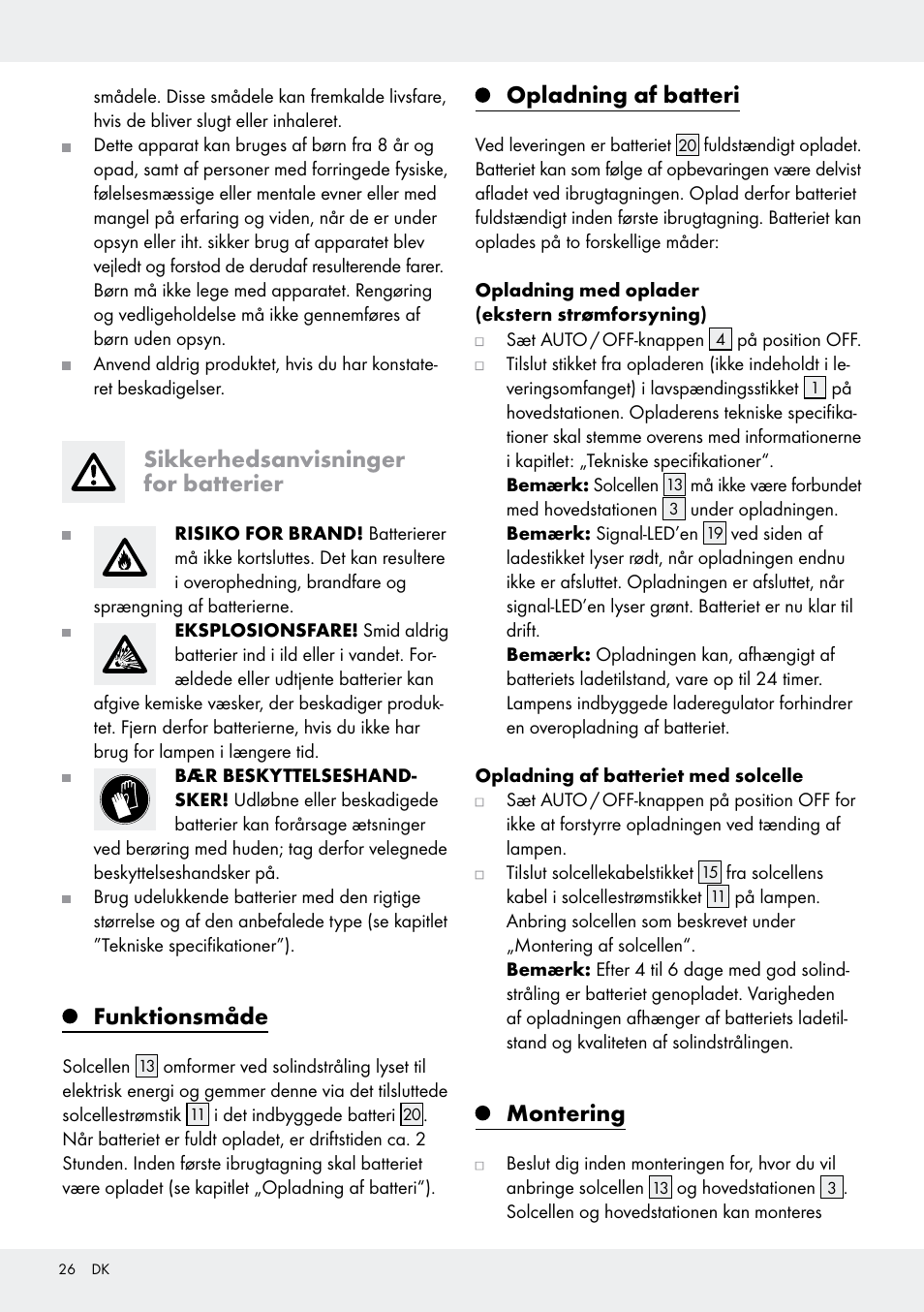 Sikkerhedsanvisninger for batterier, Funktionsmåde, Opladning af batteri | Montering | Livarno Z31171 User Manual | Page 26 / 55