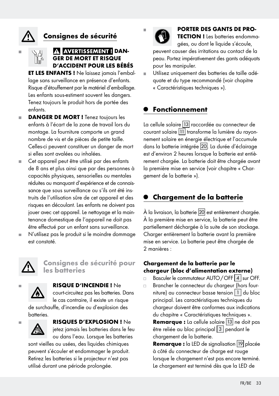 Consignes de sécurité, Consignes de sécurité pour les batteries, Fonctionnement | Chargement de la batterie | Livarno Z31171 User Manual | Page 33 / 55