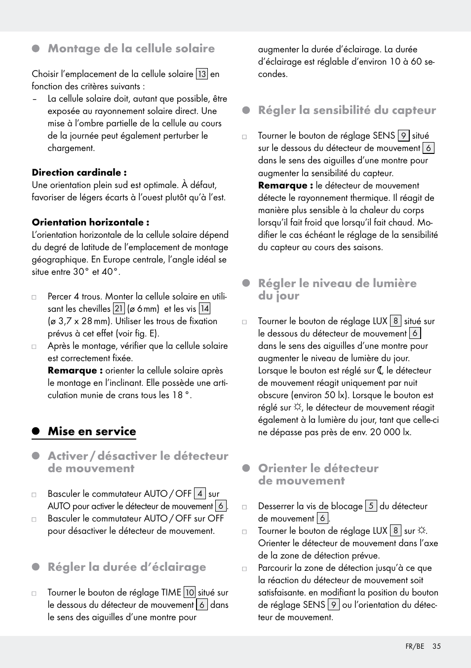 Montage de la cellule solaire, Régler la durée d’éclairage, Régler la sensibilité du capteur | Régler le niveau de lumière du jour, Orienter le détecteur de mouvement | Livarno Z31171 User Manual | Page 35 / 55