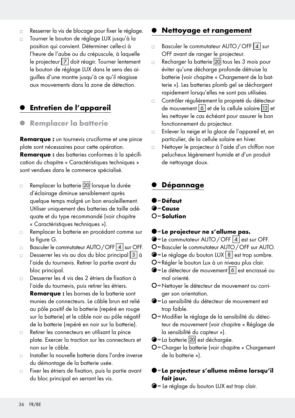 Entretien de l’appareil remplacer la batterie, Nettoyage et rangement, Dépannage | Livarno Z31171 User Manual | Page 36 / 55