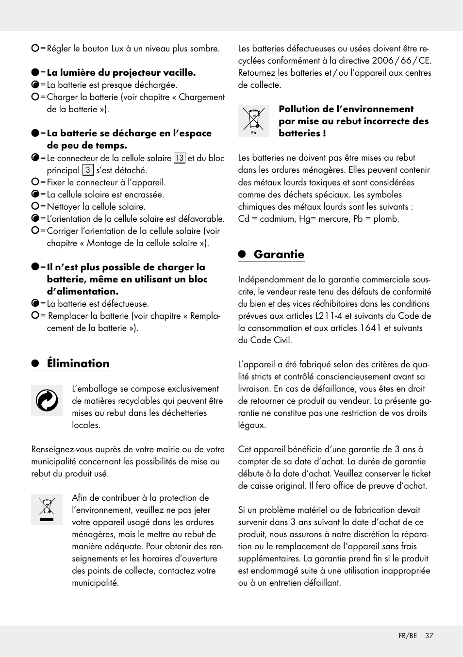 Élimination, Garantie | Livarno Z31171 User Manual | Page 37 / 55