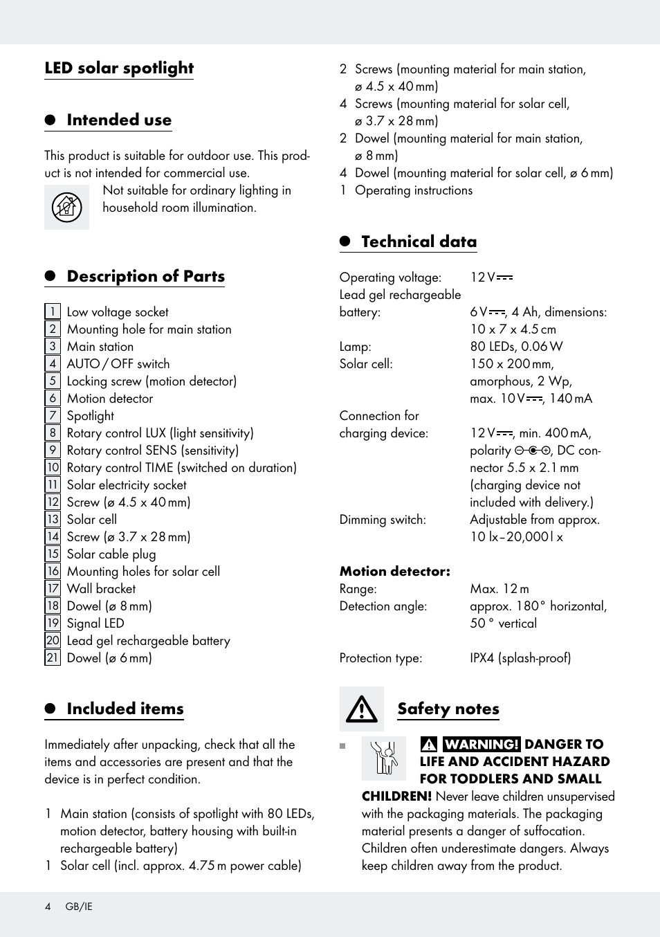 Led solar spotlight intended use, Description of parts, Included items | Technical data | Livarno Z31171 User Manual | Page 4 / 55