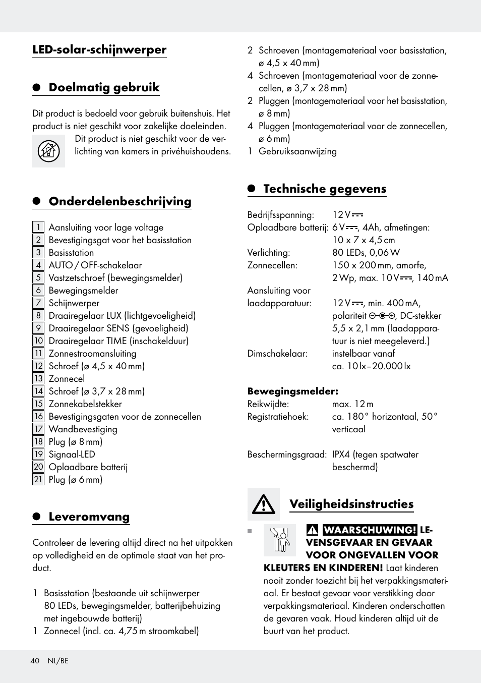 Led-solar-schijnwerper doelmatig gebruik, Onderdelenbeschrijving, Leveromvang | Technische gegevens, Veiligheidsinstructies | Livarno Z31171 User Manual | Page 40 / 55