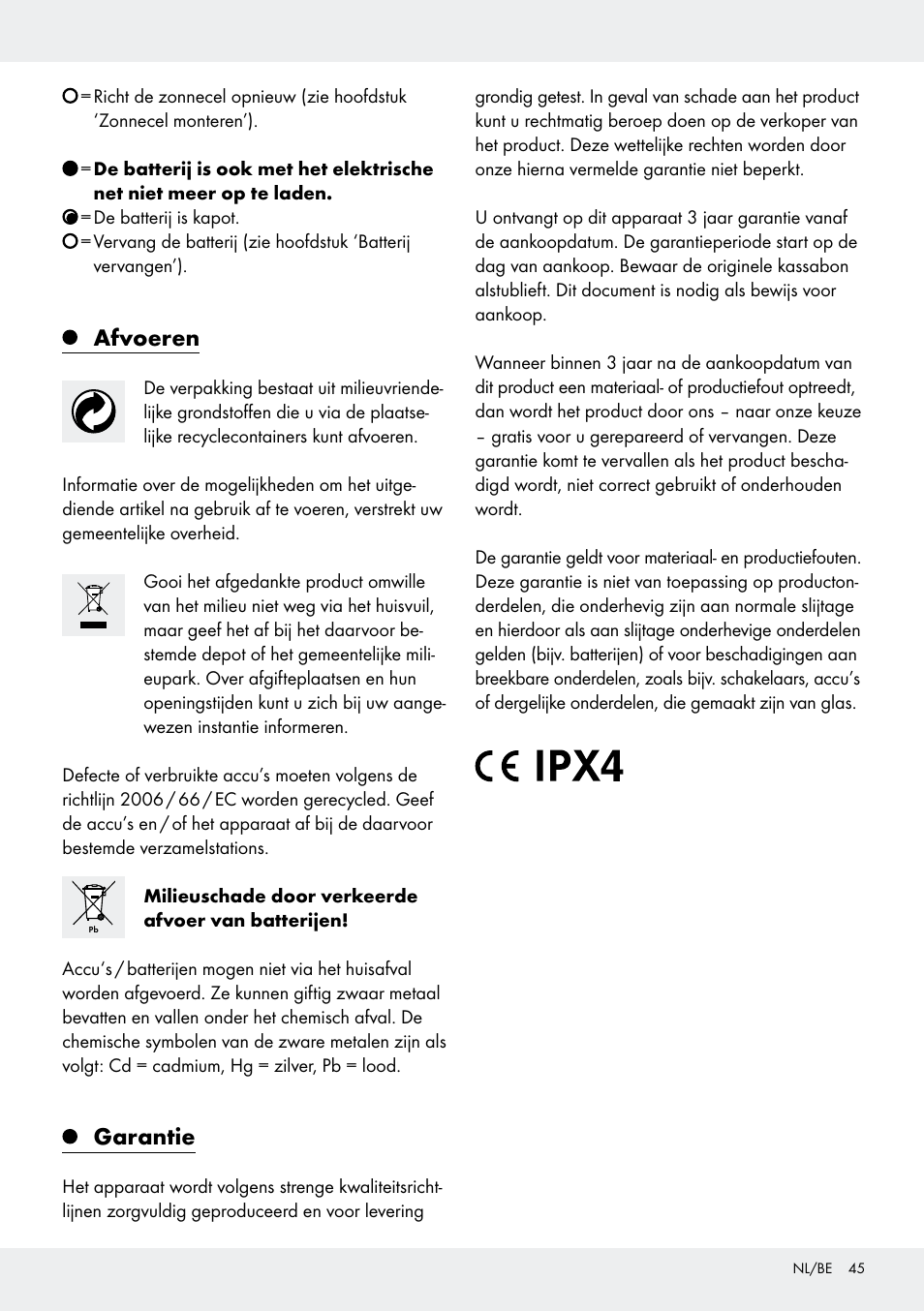 Afvoeren, Garantie | Livarno Z31171 User Manual | Page 45 / 55