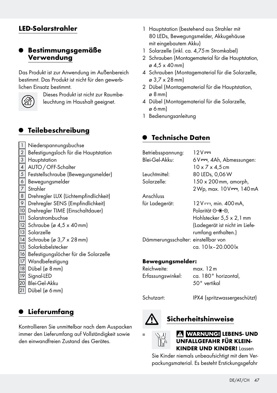 Led-solarstrahler bestimmungsgemäße verwendung, Teilebeschreibung, Lieferumfang | Technische daten, Sicherheitshinweise | Livarno Z31171 User Manual | Page 47 / 55