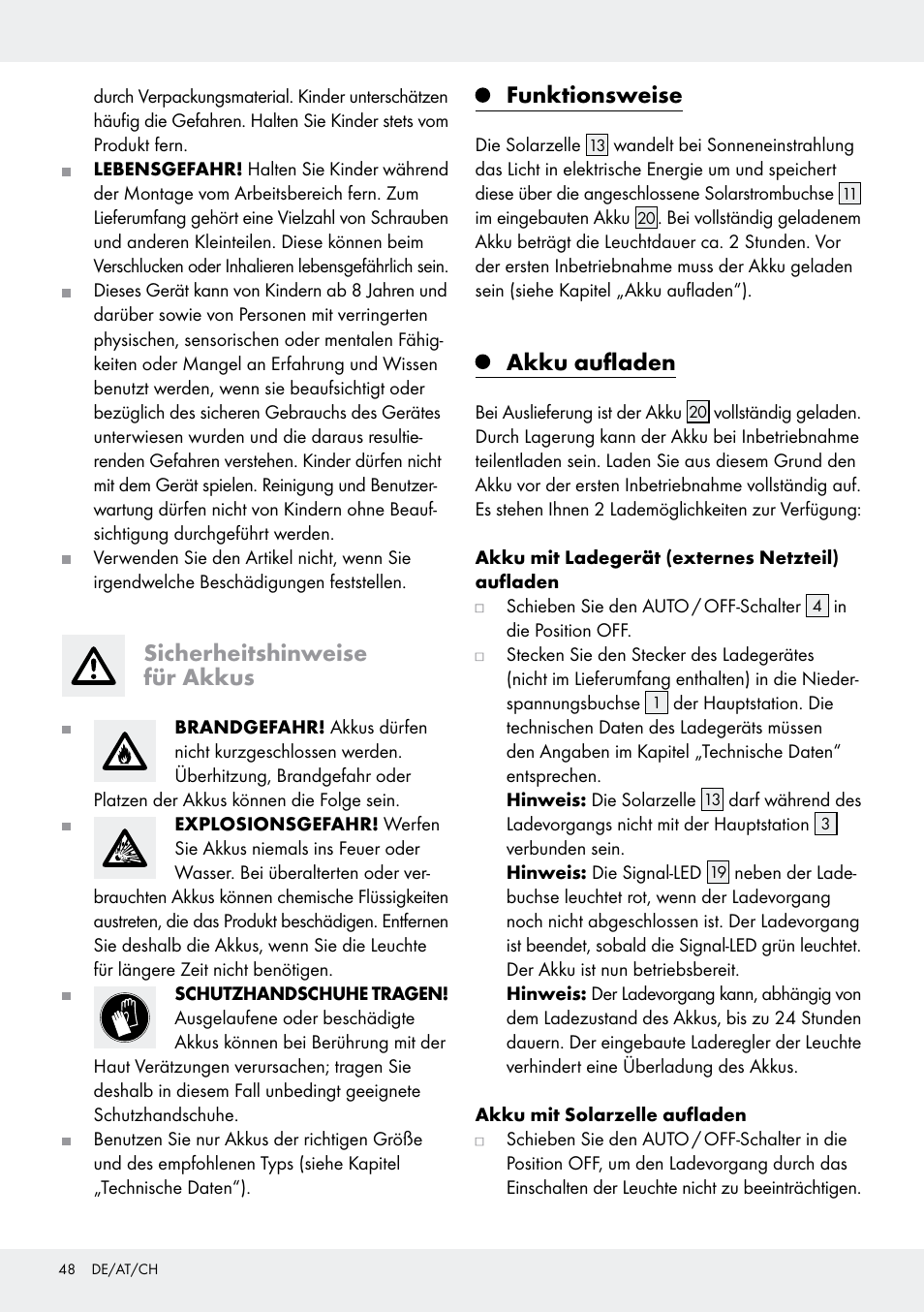 Sicherheitshinweise für akkus, Funktionsweise, Akku aufladen | Livarno Z31171 User Manual | Page 48 / 55