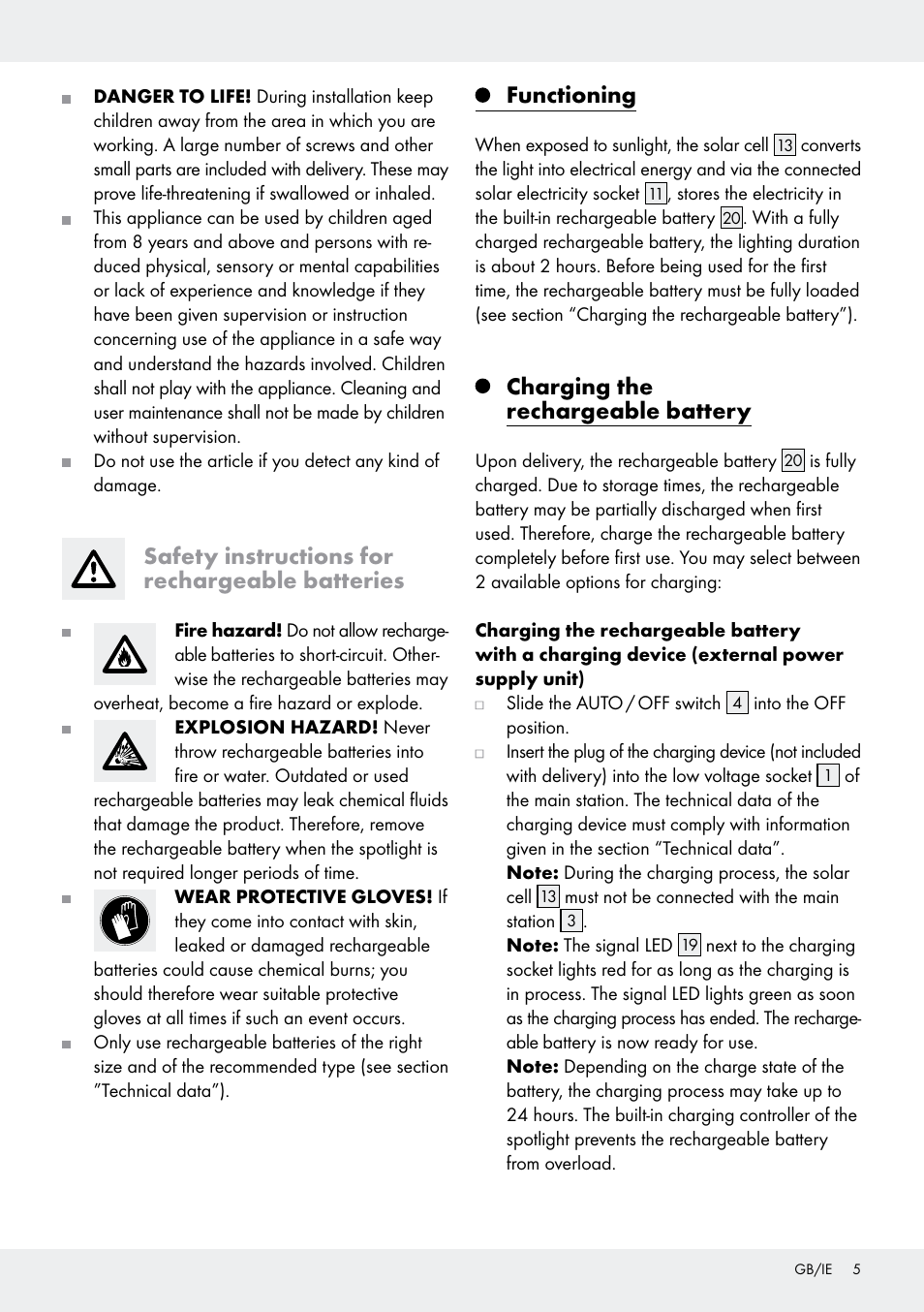 Safety instructions for rechargeable batteries, Functioning, Charging the rechargeable battery | Livarno Z31171 User Manual | Page 5 / 55