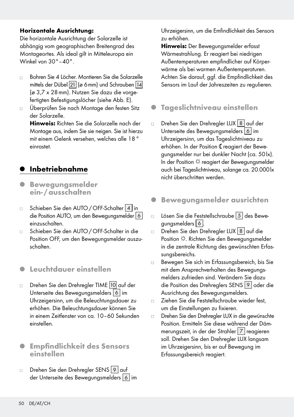 Inbetriebnahme bewegungsmelder ein- / ausschalten, Leuchtdauer einstellen, Empfindlichkeit des sensors einstellen | Tageslichtniveau einstellen, Bewegungsmelder ausrichten | Livarno Z31171 User Manual | Page 50 / 55