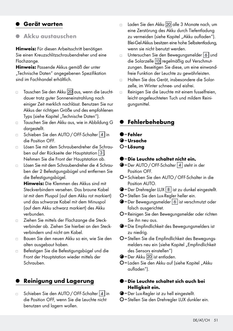 Gerät warten akku austauschen, Reinigung und lagerung, Fehlerbehebung | Livarno Z31171 User Manual | Page 51 / 55