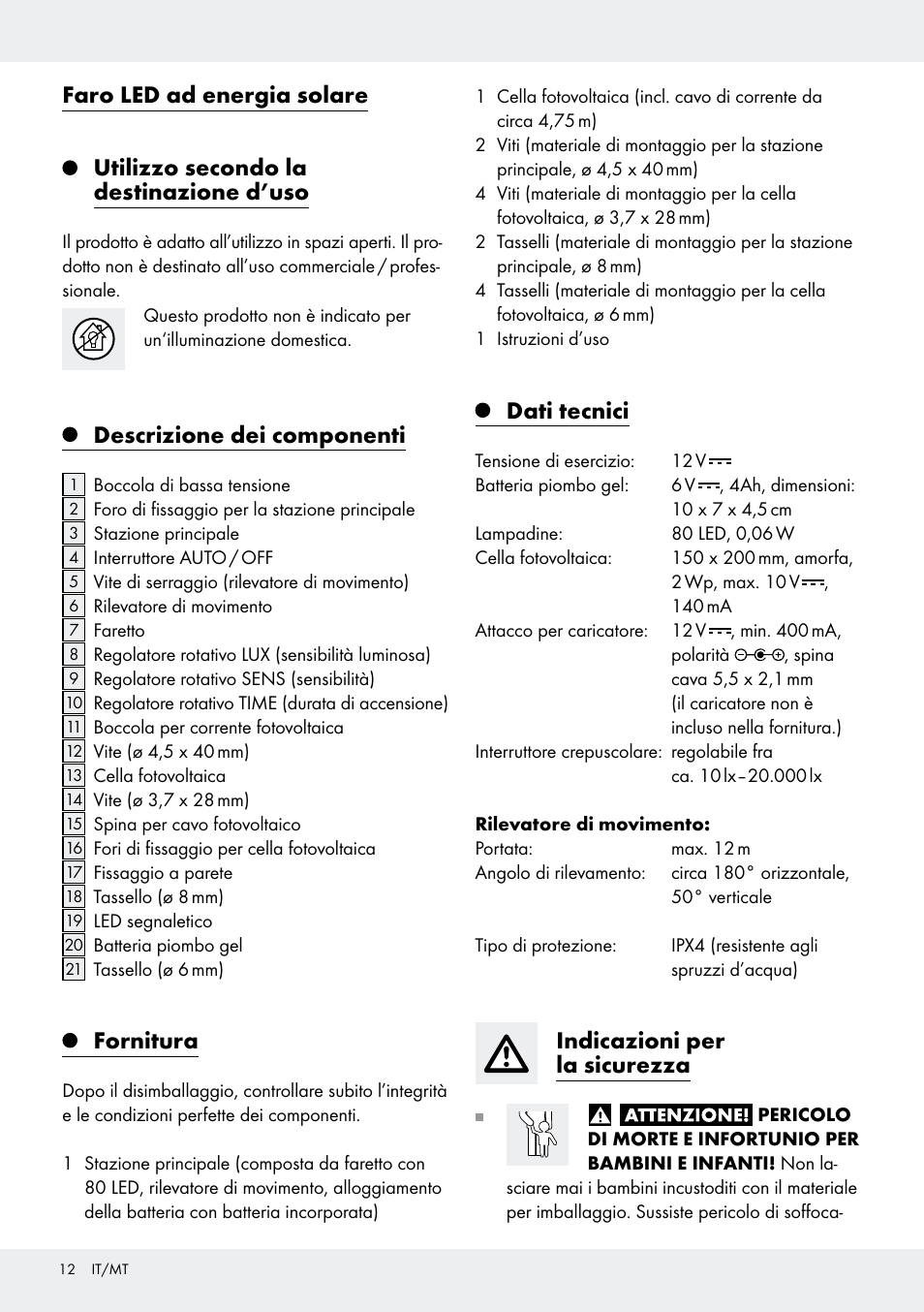 Descrizione dei componenti, Fornitura, Dati tecnici | Indicazioni per la sicurezza | Livarno Z31171 User Manual | Page 12 / 43