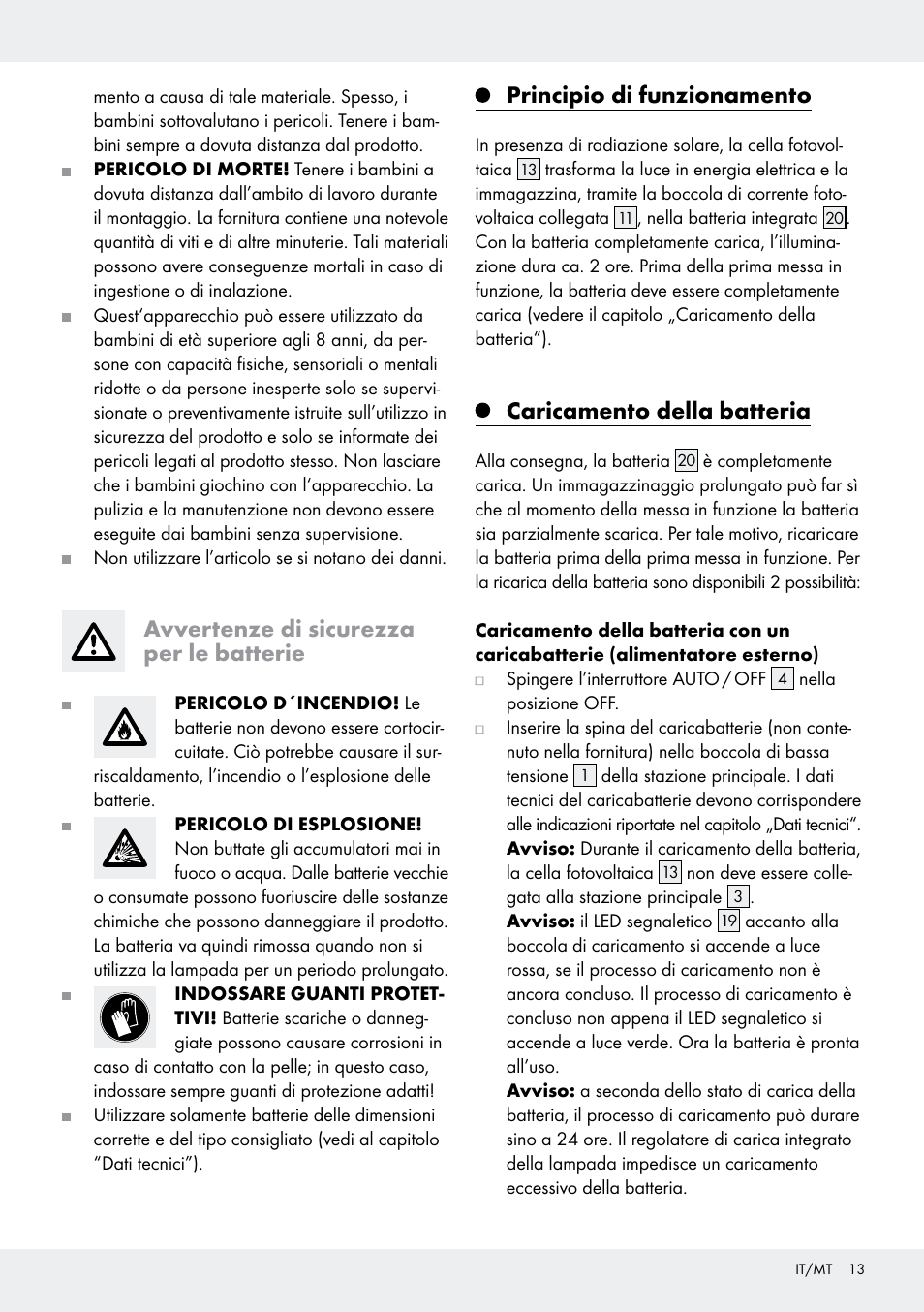 Avvertenze di sicurezza per le batterie, Principio di funzionamento, Caricamento della batteria | Livarno Z31171 User Manual | Page 13 / 43