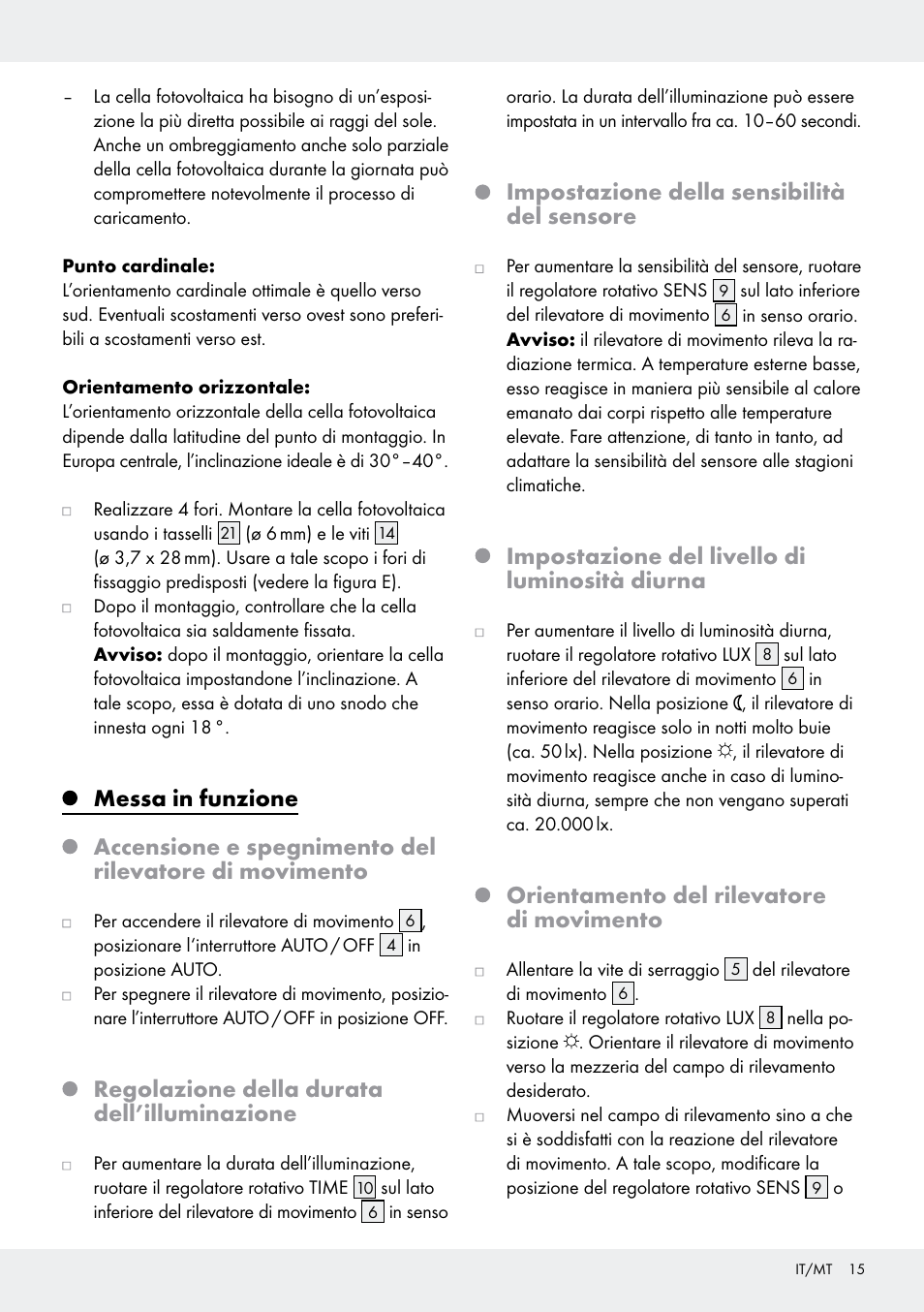 Regolazione della durata dell’illuminazione, Impostazione della sensibilità del sensore, Impostazione del livello di luminosità diurna | Orientamento del rilevatore di movimento | Livarno Z31171 User Manual | Page 15 / 43