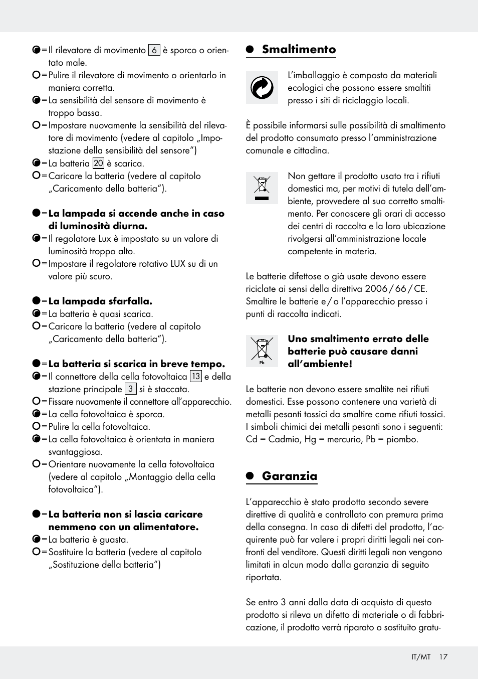 Smaltimento, Garanzia | Livarno Z31171 User Manual | Page 17 / 43