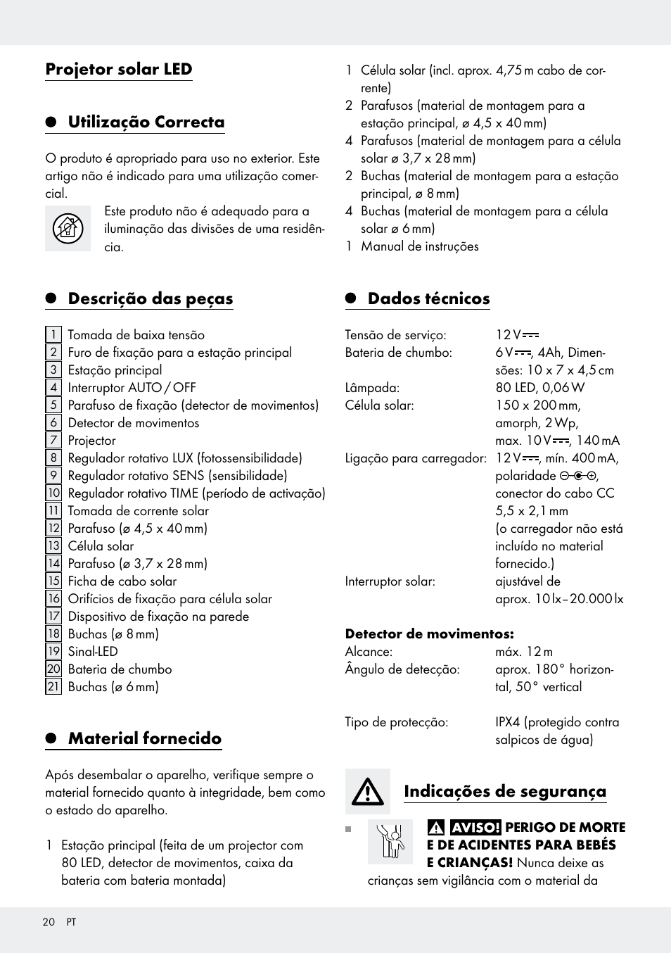 Projetor solar led utilização correcta, Descrição das peças, Material fornecido | Dados técnicos, Indicações de segurança | Livarno Z31171 User Manual | Page 20 / 43