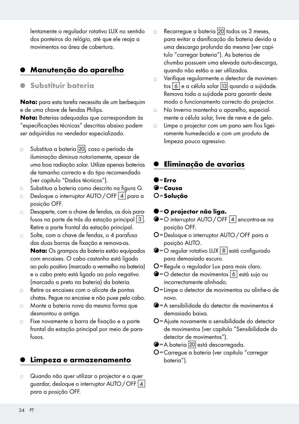 Manutenção do aparelho substituir bateria, Limpeza e armazenamento, Eliminação de avarias | Livarno Z31171 User Manual | Page 24 / 43