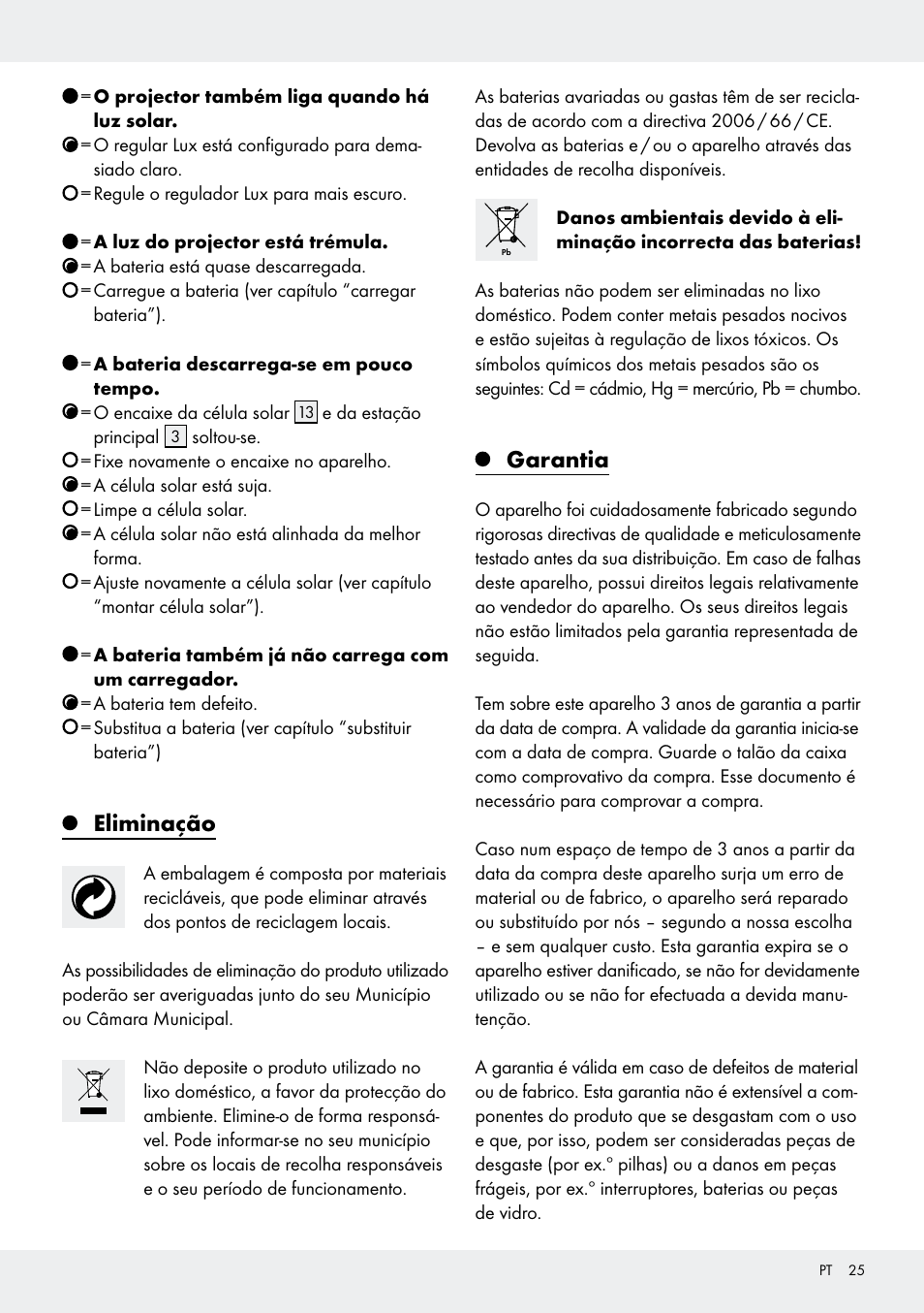 Eliminação, Garantia | Livarno Z31171 User Manual | Page 25 / 43