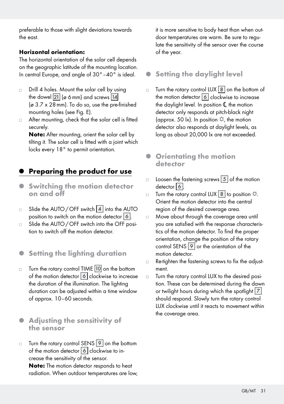 Setting the lighting duration, Adjusting the sensitivity of the sensor, Setting the daylight level | Orientating the motion detector | Livarno Z31171 User Manual | Page 31 / 43